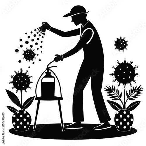 Vector illustration depicting a man disinfecting plants from virus outbreak in and white simple design