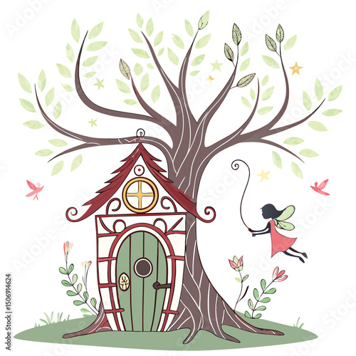 Whimsical fairy house next to a large tree with fairy flying among birds and stars