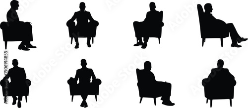 people sitting on a armchair in silhouette, business people relaxing in armchair black vector illustration.