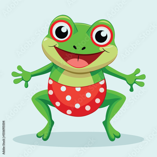 Cheerful green cartoon frog with red polka dot shorts smiling broadly at the viewer