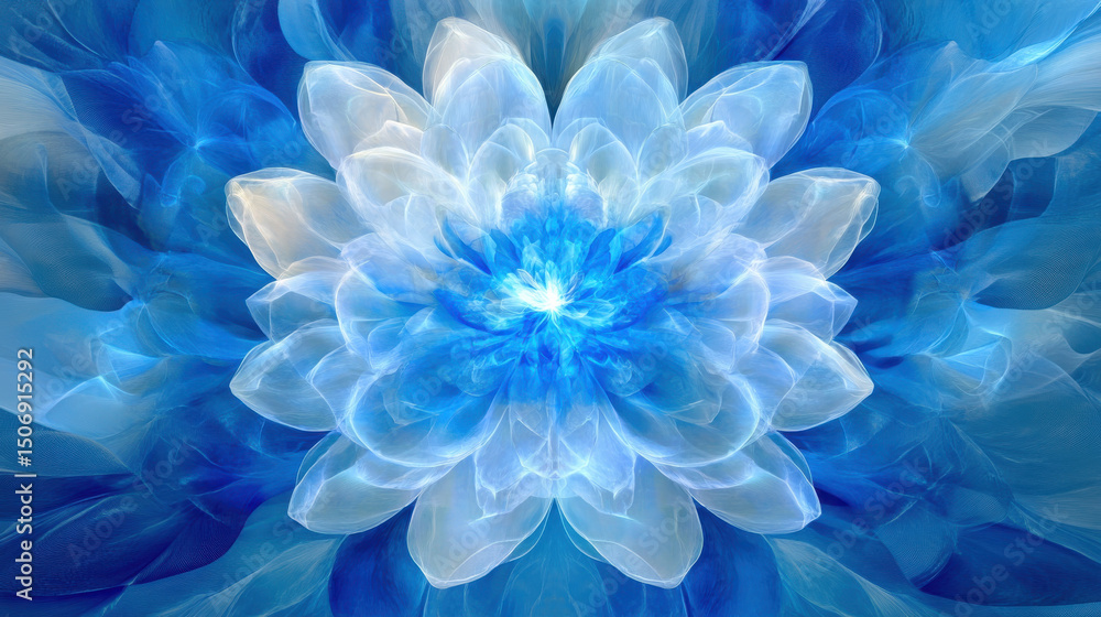 Stunning digital flower design with blue hues radiating outward, creating serene and calming atmosphere Stunning digital flower design with blue hues radiating outward, creating serene and calming atmosphere