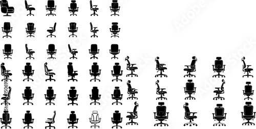 Stylish office chair icon set featuring ergonomic designs in black and white colors for modern workspace aesthetics