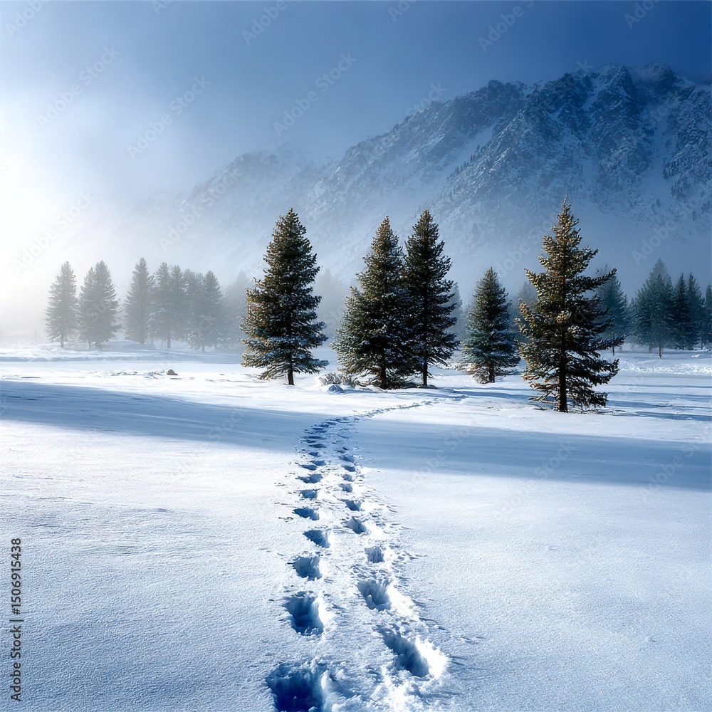Obraz premium Winter's Footpath: A snowy trail leads through serene scenery with trees and a majestic, mist-shrouded mountain backdrop.