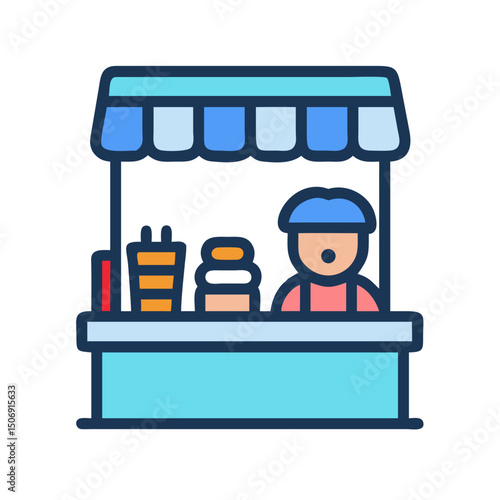 Stylized vendor stall cartoon graphic with person inside shop