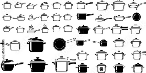 Icon set featuring various cooking pots designed for culinary applications and kitchen themes