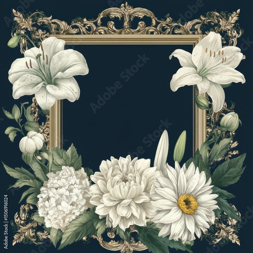 Vintage funeral memorial template with ornate golden frame and floral botanical design on dark background