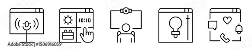 Conjunto de iconos de pantalla inteligente. Interacción, control, funciones. Comando por voz, opciones integradas, videollamada, control de brillo, accesos múltiples. Ilustración vectorial