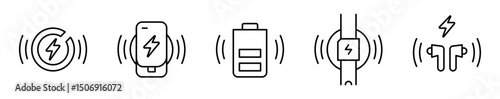 Conjunto de iconos de carga inalámbrica. Energía, tecnología, conectividad. Potencia circular, carga de móvil, batería activa, reloj cargando, carga de auriculares. Ilustración vectorial