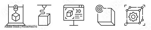 Conjunto de iconos de impresión 3D. Fabricación, diseño, configuración. Impresión, detalle técnico, vista digital, filamento plástico, ajustes personalizados. Ilustración vectorial