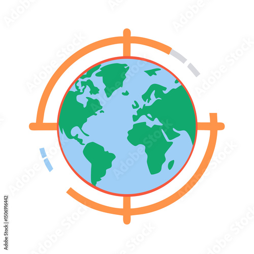 Flat globe icon representing global reach with orange frame