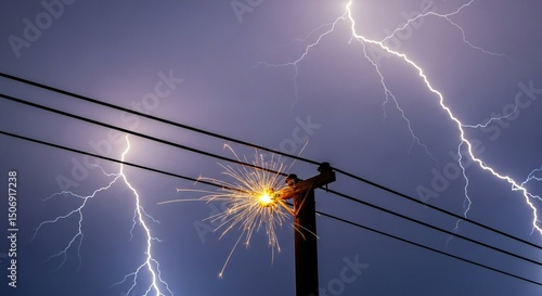 Electrical Arcing on Power Lines During a Lightning Storm at Night