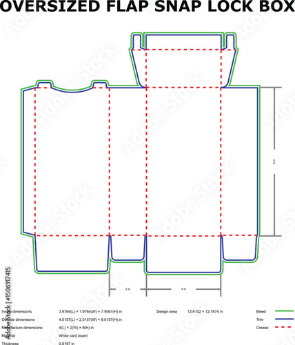 Oversized flap snap lock box packaging template diagram