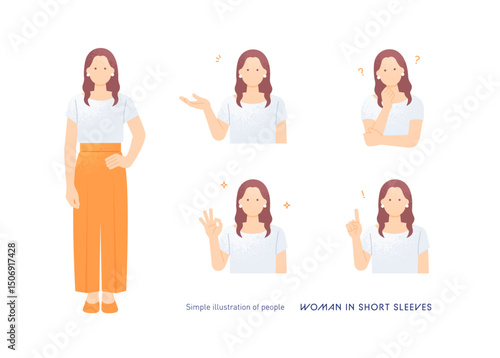 半袖Tシャツを着た若い女性 夏を楽しむ学生のベクターイラスト5ポーズセット