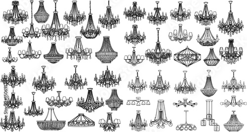 Elegant vector hand-drawn chandeliers featuring various styles and designs for home decor inspiration