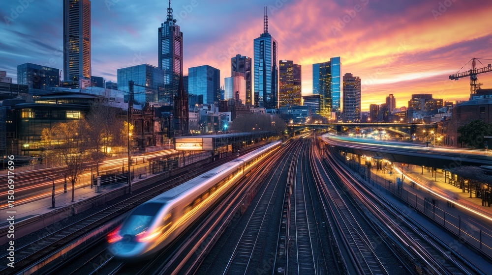 Fototapeta premium High-speed train speeding through city at vibrant sunset.