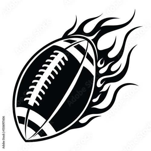 Dynamic black and white illustration of a flaming american football representing speed and power
