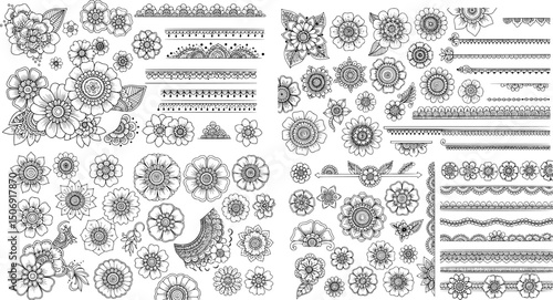 A collection of Mehndi flower designs and seamless borders suitable for Henna artwork and tattoos, featuring an ethnic oriental and Indian aesthetic with doodle ornaments and modern outlin