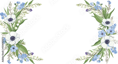 Floral frame of forget-me-nots, anemones, various wild herbs and flowers. Watercolor botanical rectangular illustration with space for text, for eco-branding, cards,
