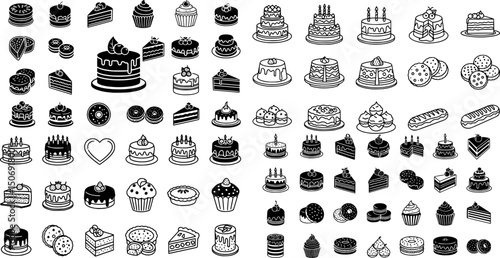 Collection of black icons featuring various types of cakes and desserts suitable for celebration and decoration
