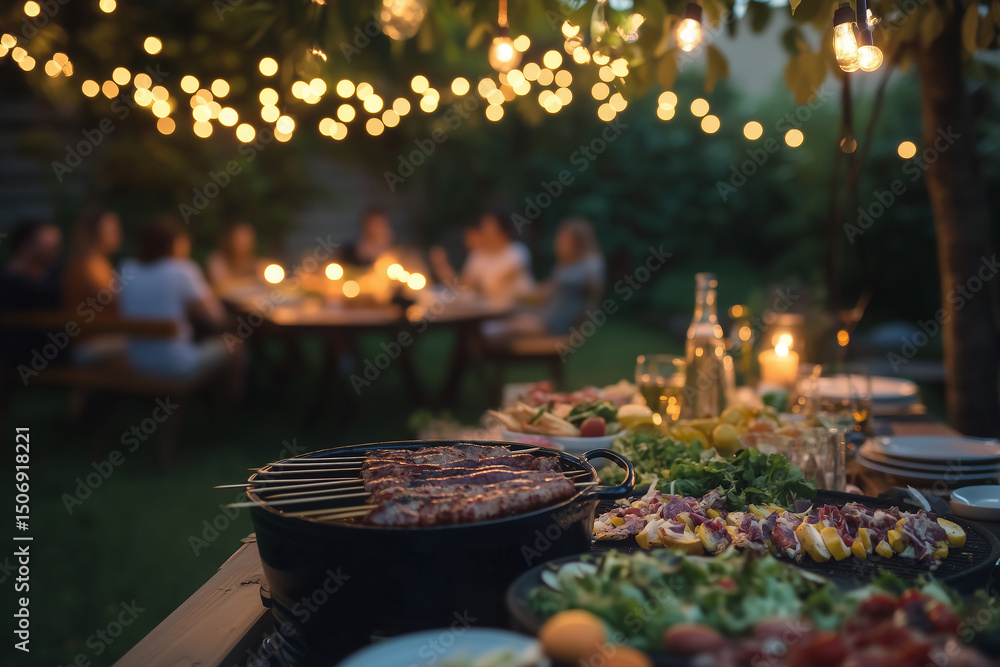 Fototapeta premium Warm summer evening, barbecue with friends, illuminated by string lights, filled with food and laughter. Generative AI