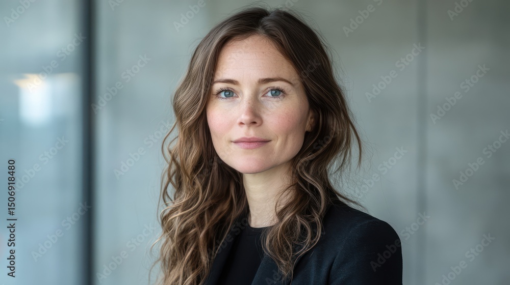 Confident young woman with wavy hair and blue eyes, looking at camera Confident young woman with wavy hair and blue eyes, looking at camera