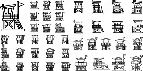 Icon set of lifeguard towers designed for beach safety and rescue applications

