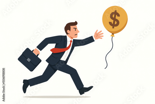 Ambitious businessman in suit chasing floating dollar balloon representing wealth pursuit, financial goals and money escaping concept vector illustration