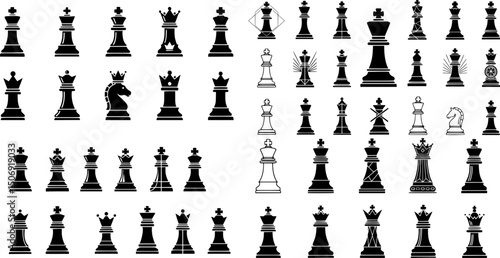 Variety of black king chess icons representing different styles and designs in a simple and modern format
