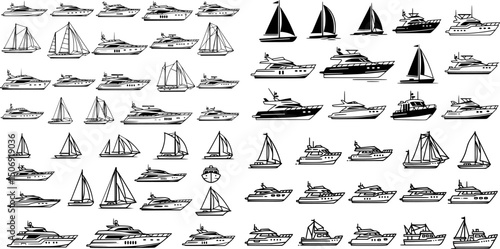 Collection of diverse boat sketches displaying unique designs and styles in a nautical theme
