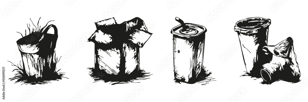 Fototapeta premium Trash And Litter Silhouette Set. Environmental Impact And Waste Management Awareness. Isolated Vector Illustration Collection