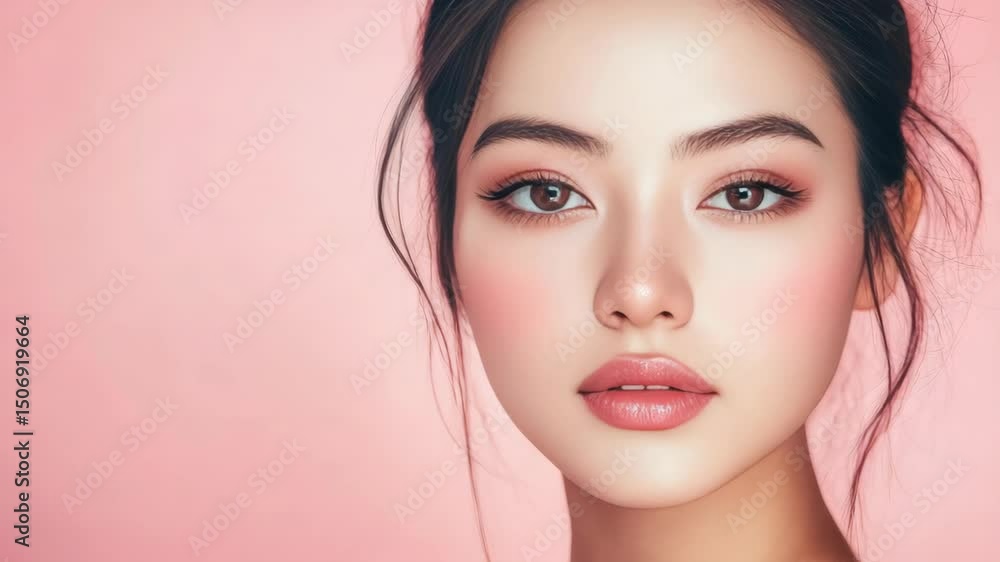 A portrait of a woman with makeup, set against a pink background. Her lips and eyes are accentuated with lipstick and eyeshadow. A portrait of a woman with makeup, set against a pink background. Her lips and eyes are accentuated with lipstick and eyeshadow.