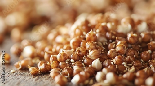 Roasted coriander seeds, sesame, wooden background, close-up, food photography