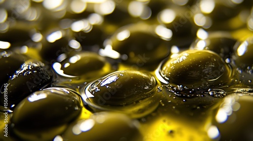 Close-up olives submerged oil, kitchen backdrop, food photography