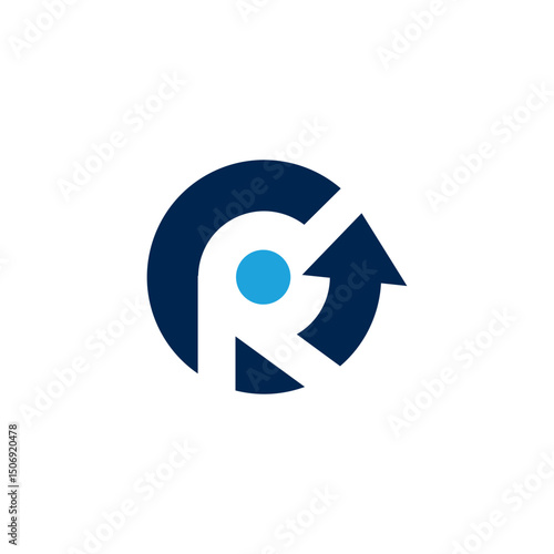 dark blue letter "R" partially formed by a circular shape with a light blue dot at its center and an integrated upward-pointing arrow completing the "R." It suggests rotation, progress