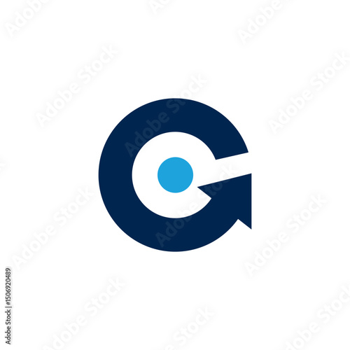 bold dark blue letter "G" with a light blue circle integrated within its counter and an upward-pointing arrow forming its tail. It suggests growth, progress, and a brand with a "G" initial