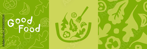 Healthy food concept with salad leaves and vegetables in modern flat style illustration