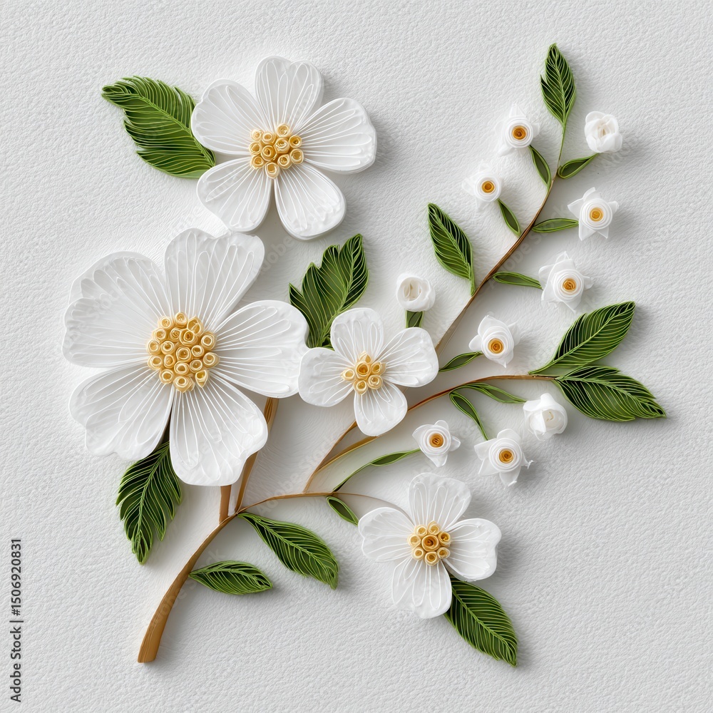 Obraz premium White Flowers and Green Leaves A Detailed Floral Illustration