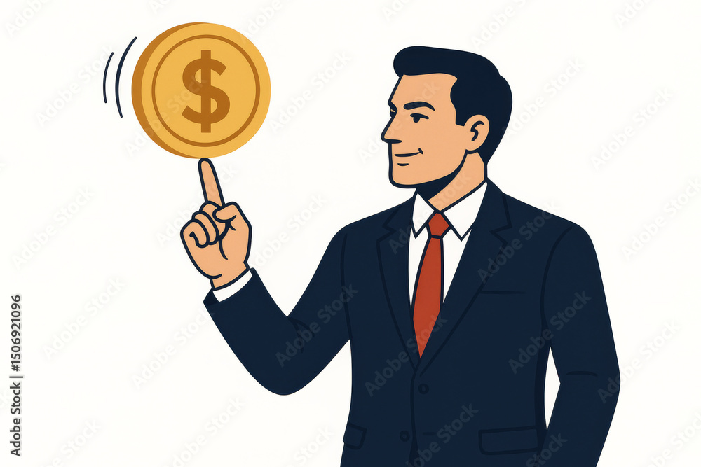 Confident businessman balancing spinning dollar coin on finger. Financial success wealth economy control investment profit money management concept illustration Confident businessman balancing spinning dollar coin on finger. Financial success wealth economy control investment profit money management concept illustration