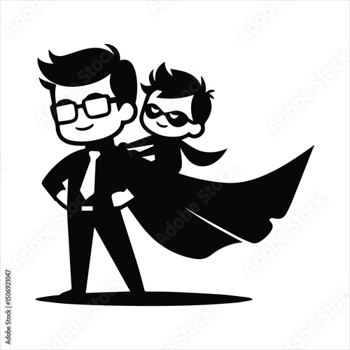 Dad and son superhero cartoon vector illustration