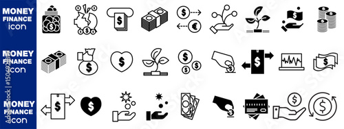 Money icon set. containing cash, saving, wallet, transfer, withdraw icons. finance symbol for app, ui, website and design element. transparent ping and vector illustration