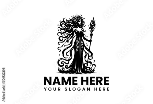 An artistic vector logo silhouette of Goddess Durga with flowing hair and a trident