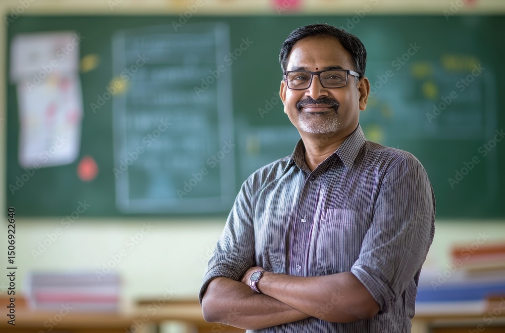 Fototapeta premium Indian teacher standing in front of a blackboard, upper body portrait, side natural light