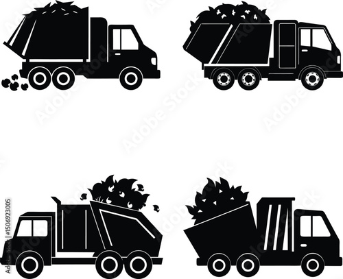Set of black silhouette garbage trucks illustration with waste