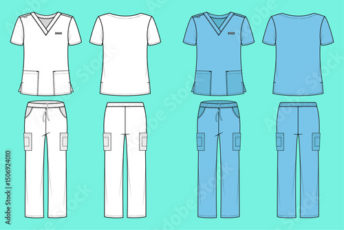 V neck Short sleeve Medical Uniform colour way set fashion flat sketch CAD mockup front and back views.	