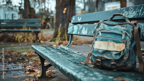 Dirty blue backpack sits on a bench in a park. The bench is made of wood and is located near a tree. Concept of solitude and contemplation, as the backpack is the only object in the image