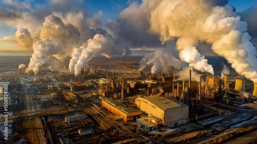 Aerial view of industrial complex emitting smoke under a cloudy blue sky day