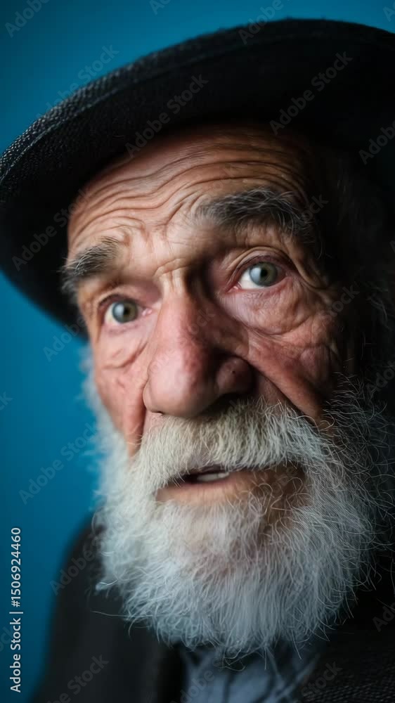 Senior man talking on blue background, closeup Senior man talking on blue background, closeup