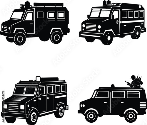 Black and white armored vehicle silhouettes and swat truck icons set