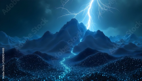 Dramatic Lightning Striking Over a Mystical Shimmering Landscape at Night
