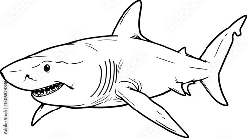 Coloring page featuring a cheerful cartoon shark swimming in the ocean, perfect for kids and creative activities 